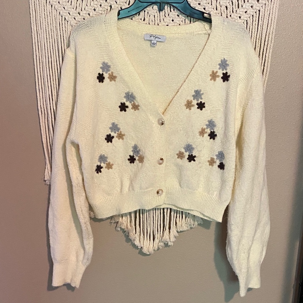 Cream Cardigan with Floral Design
